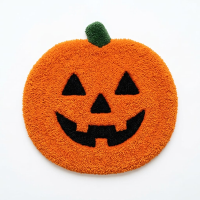 Pumpkin Halloween Round Bath Mat - Orange Shaped Rug for Fall Bathroom Decor