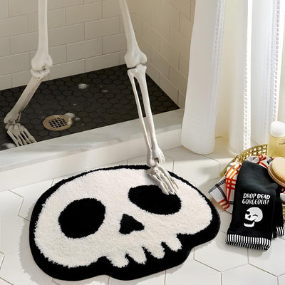 Skull Halloween Bath Mat - Spooky White Skull Shaped Rug for Gothic Bathroom Decor