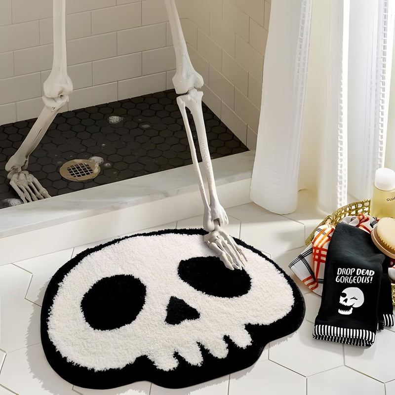 Skull Halloween Bath Mat - Spooky White Skull Shaped Rug for Gothic Bathroom Decor - Flocked Bath Mat